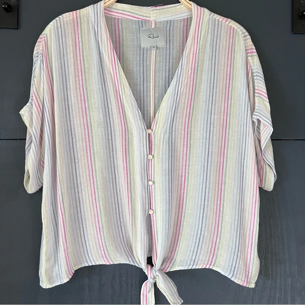 RAILS Thea Isla Striped Tie Front Shirt Size Medium Cream/pink/blue EUC| - Picture 4 of 7